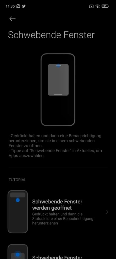 Redmi Note 10S Software schwebende Fenster